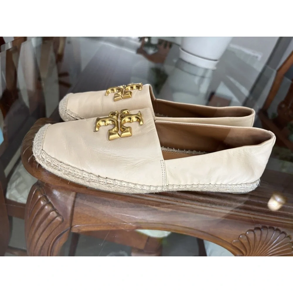 Tory Burch Eleanor Espadrille Cream Leather Slip-On Flats Round Toe US 8 86567